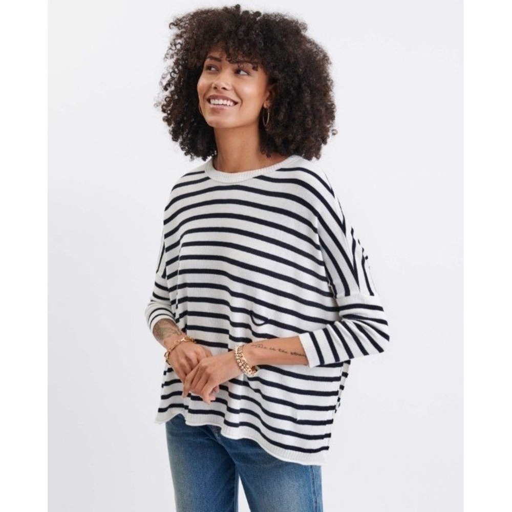 Mer Sea Women's Catalina Sweater‎ Navy White Striped Boxy Knit Pullover- OS